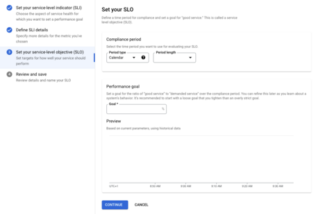 Selección de la métrica. Seleccionamos la métrica a tener en cuenta. Al ser unos de los SLIs predefinidos no tenemos opción a modificarla.
