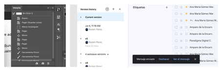 undefined Izquierda: Historia de acciones de Photoshop. Centro: Control de versiones de Figma. Derecha: Gmail permite deshacer el envío de un email.