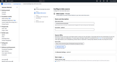 Step 3: Add information source Amazon Bedrock screen where we define the data source by adding the URLs and a name.