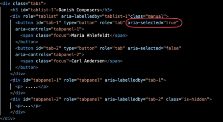 Atributo  Imagen en el que se muestra el código que forma unas tabs y se está señalando el atributo "aria-selected="true" "