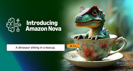 Amazon Nova Imagen de presentación de Amazon Nova con un dinosaurio pequeño sentado dentro de una taza de té