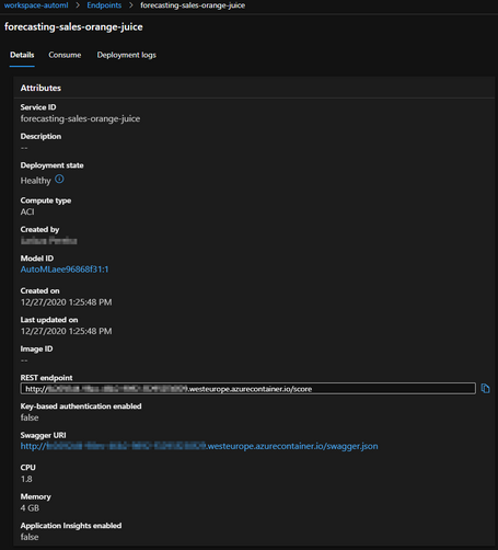 undefined Detalles del endpoint del modelo desplegado en Azure Container Instance