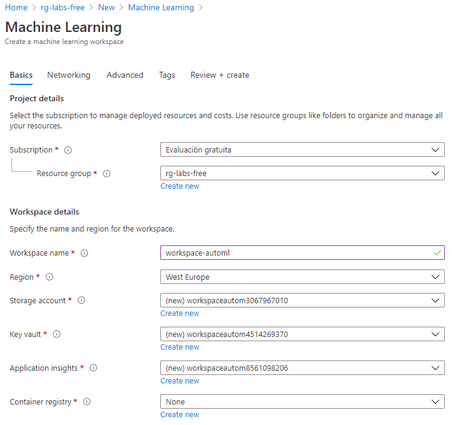 undefined Creación del espacio de trabajo de Azure Machine Learning