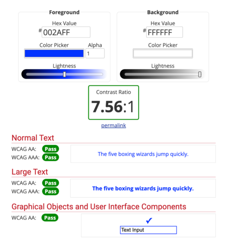 webaim contrast checker mostrando el ratio de contraste: 7.56:1