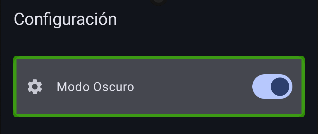 Focus The green box showing the element focus wraps the entire dark mode toggle area, which includes the settings icon, the text "dark mode," and the switch itself