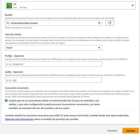 Configuración del trigger. Configuramos el trigger simplemente debemos añadir el nombre del bucket y el tipo de evento.