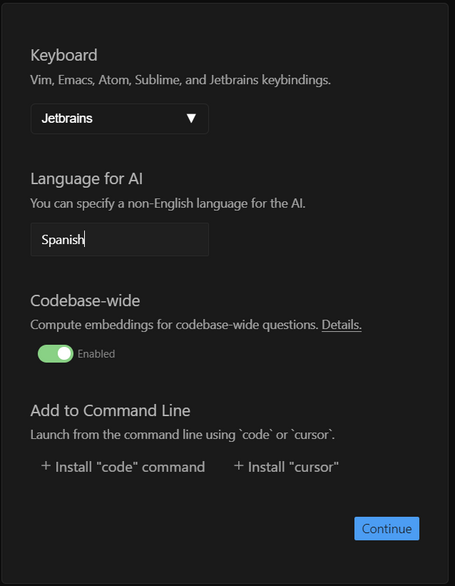 Configuración Cursor AI página de configuración de cursor, donde podemos modificar el ide del que venimos, el idioma y marcar el contexto del código
