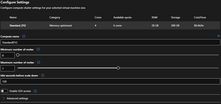 undefined Configuración del clúster de procesamiento Standard_D12 para el experimento