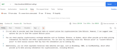 Demo Tool Calling I'm not able to provide real-time financial data or current prices for cryptocurrencies like Bitcoin. However, you can check popular exchange sites or financial news platforms for up-to-date information.