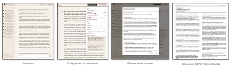 Pantallazo de los documentos de entrevista, configuración de parámetros, generación de resumen, generación del pdf de la entrevista