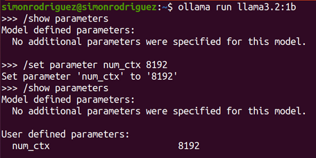 undefined Comando /set parameter <nombre del parámetro> <valor del parámetro> en Ollama
