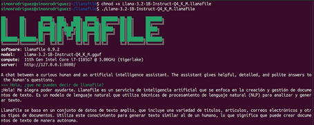 simonrodriguez@simonrodriguez:~/llamafile$ chmod +x Llama-3.2-1B-Instruct-Q4_K_M.llamafile simonrodriguez@simonrodriguez:~/llamafile$ •/Llama-3.2-1B-Instruct-Q4_K_M.Ilamafile LLAMAFILE software: llamafile 0.9.2 model: Llama-3.2-1B-Instruct-Q4_K_M.gguf compute: 11th Gen Intel Core i7-1185G7 @ 3.00GHz (tigerlake) server: http://127.0.0.1:8080/ A chat between a curious human and an artificial intelligence assistant. The assistant gives helpful, detailed, and polite answers to the human's questions. >>> Hola, ¿que me puedes decir de llamafile? ¡Hola! Me alegra poder ayudarte. Llamafile es un servicio de inteligencia artificial que se enfoca en la creación y gestión de docume ntos de texto. Es un modelo de lenguaje natural que utiliza técnicas de procesamiento de lenguaje natural (NLP) para analizar y gener ar texto. Llamafile se basa en un conjunto de datos de texto amplio, que incluye una variedad de títulos, artículos, correos electrónicos y otr os tipos de documentos. Utiliza este conocimiento para generar texto similar al de un humano, lo que significa que puede crear docume ntos de texto de manera autónoma.