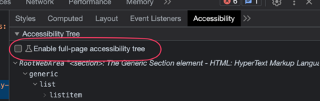 Captura de la parte de accesibilidad de las devtools de chrome en el que se ve el checkbox para activar la fase experimental de "Enable full-page accesibility tree" resaltado.