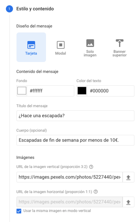 Estilo y contenido de la campaña. Primera pantalla con estilo y contenido.
