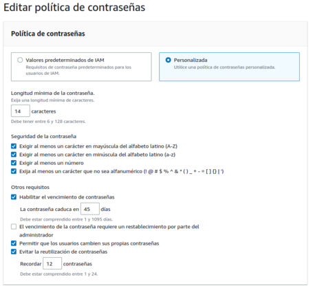 Política de contraseña Panel con la política de contraseñas.