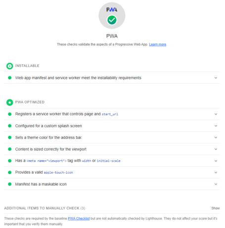 Informe de PWA de Google Lighthouse. Informe de PWA de Google Lighthouse.