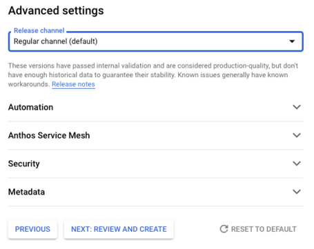 Settings para crear un cluster.