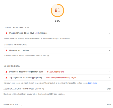 Informe de SEO de Google Lighthouse. Informe de SEO de Google Lighthouse.