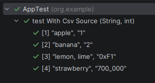Resultado de la representación entre comillas de los nombres en test parametrizados