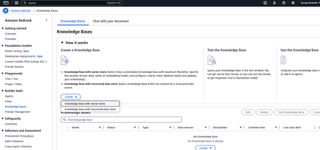 Step 1: Create Main screen of Amazon Bedrock. Navigate to Knowledge Bases and click on “Create”.