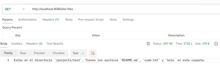 List files You are in the directory '/projects/test'. The files 'README.md', 'code.txt', and 'hola' are in this folder.