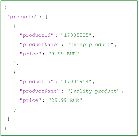 Product list "products": { "productId": "17035535", "productName": "Cheap product", "price": "9.99 EUR" { "productId": "17005954", "productName": "Quality product" "price": "29.99 EUR"