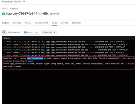 Los logs del pod de HAproxy