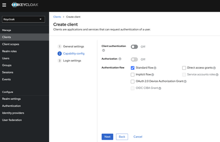 crear cliente capability config, donde se asigna el authentication flow