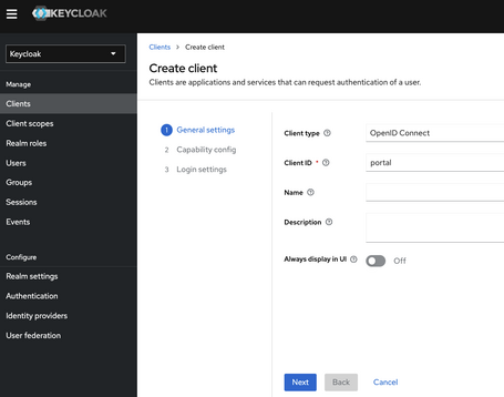 Pantalla donde se crea un nuevo cliente con su client type, id, name, description en los settings generales