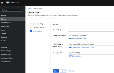 Pantalla de crear cliente donde se asigna el login settings con root url, home url, valid redirect urls, valid post logout redirect urls y web origins