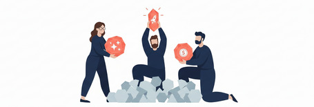 Novedades re:Invent tres personas sujetando cada uno una piedra preciosa. cada piedra preciosa tiene un emoji: unas estrellas, un cohete y una moneda