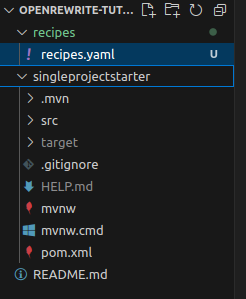 Branch OpenRewrite carpetas creadas: recipes / singleprojectstarter