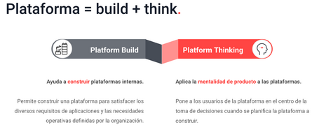 Planificación de plataforma Platform build: Ayuda a construir plataformas internas. Permite construir una plataforma para satisfacer los diversos requisitos de aplicaciones y necesidades operativas definidas por la organización. Platform Thinking Aplica la mentalidad de producto a las plataformas. Pone a los usuarios de la plataforma en el centro de la toma de decisiones cuando se planifica la plataforma a construir.