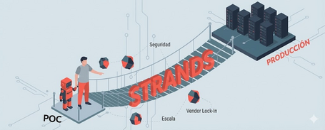 PoC → strands (security, scale, vendor lock-in) → production