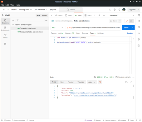 Postman con un ejemplo del API de AEMET.
