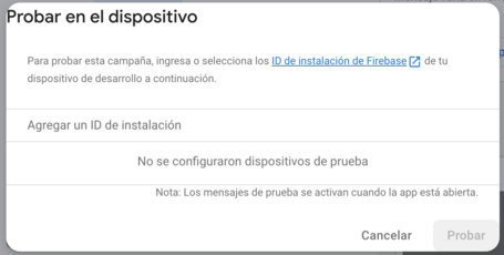 Prueba del dispositivo con nuestro id. Para ejecutar esta prueba necesitaremos nuestro ID de instalación.