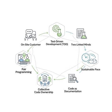 gráfico circular. el punto de inicio es "on site customer" y podemos ir hacia la derecha o hacia la izquierda. hacia la derecha vamos a test driven development (tdd), two linked minds, sustainable pace, code as documentation, collective code ownership. hacia la izquierda, vamos a pair programming y a collective code ownership