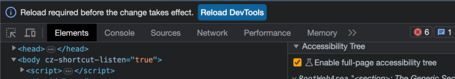 Captura de la parte de accesibilidad de las devtools de chrome en el que se ve el checkbox para activar la fase experimental de "Enable full-page accesibility tree" ya marcado y como en la parte superior aparece un aviso con un botón que te permite recargar las devtools para poder ver el árbol de accesibilidad.