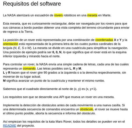 Requisitos de la kata Mars Rover. Requisitos de la kata Mars Rover con los sustantivos resaltados.