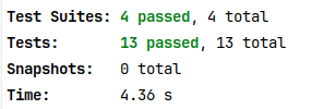 Test Suites Result 4 Test Suites were executed, containing 13 tests, and all of them passed successfully in 4.36s