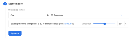Segmentación de nuestros usuarios Definimos la segmentación, en esta caso cada una al 50% de nuestros usuarios.