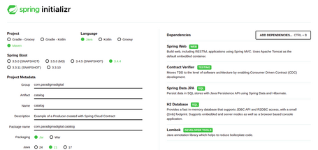 Spring Initializr Spring Initializr configuration page including Spring Web, Contract Verifier, Spring Data JPA, H2 Database, Lombok