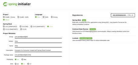 Spring initializr spring initializr configuration page including Spring Web Contract Stub Runner Lombok