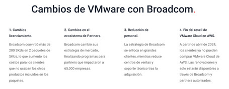 cambios de vmware con broadcom: cambios licenciamiento, cambios en el ecosistema de partners, reducción de personal y fin del resell de vmware cloud en aws