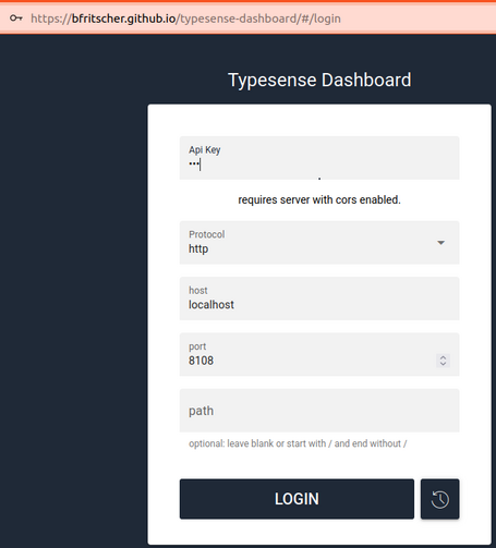 Typesense Dashboard Typesense dashboard login screen with "API key" field to be filled with "xyz"